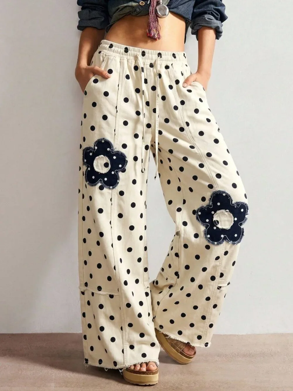 Multicolor Casual Boho Women's Polka Dot Patchwork Loose Wide Leg Pants